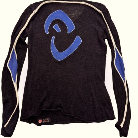 Armani Jeans Navy black contrast Futuristic Linen Mesh long sleeve Sweater XXL - Picture 1 of 15